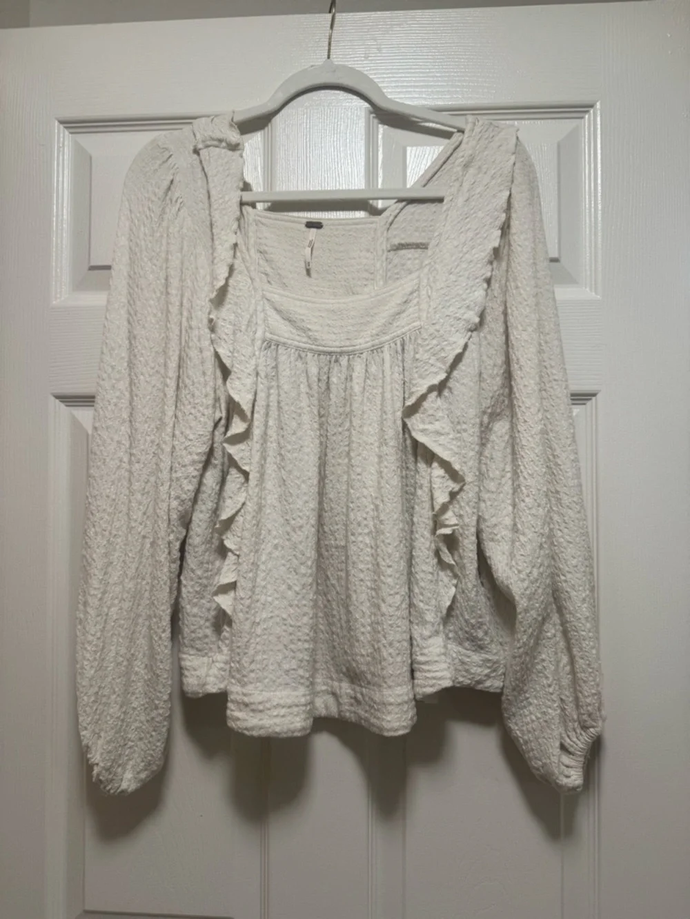 Free People Cream Bonny Blouse Square Neck Ruffle Front Top - Picture 2 of 9